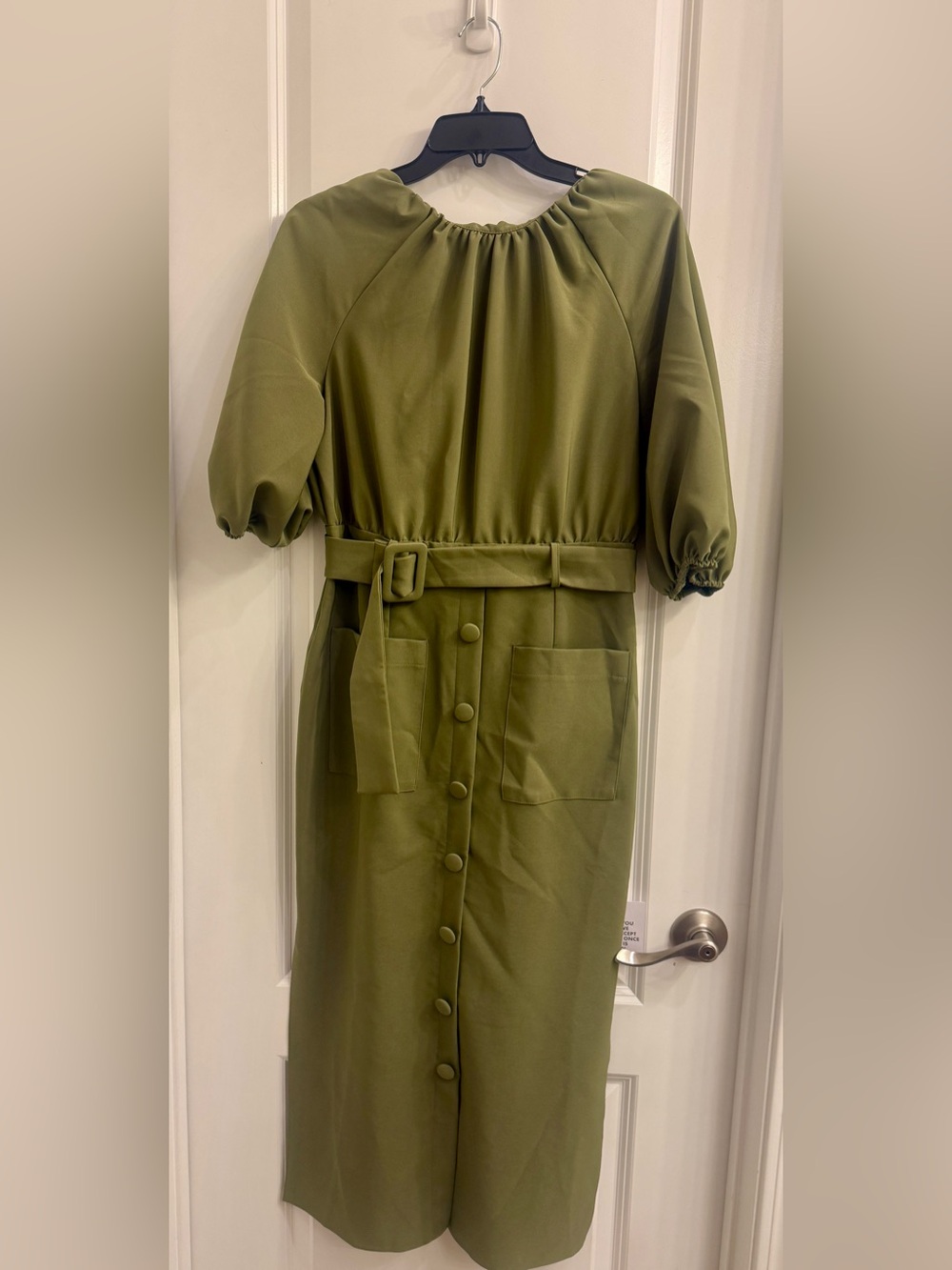 ASOS Design Puff Sleeve Belted Midi Dress with Button down Front - Picture 6 of 7